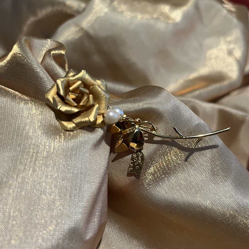 Vtg Brooch IPS Gold Rose Flower Pearl June Birth Month Pin